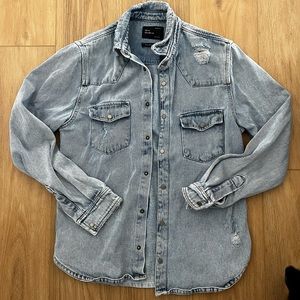 Zara distressed denim button down shirt
